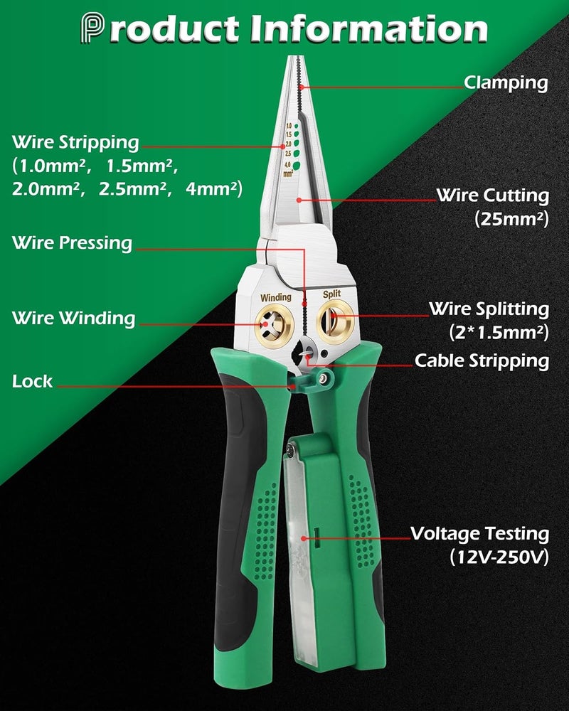 Fatio 8 In 1 Wire Stripper with Voltage Tester, Wire Strippers/Crimper with Plier, Cutters, Splitting(12V-250V), Wire Stripping Tools for 10-18 AWG for Professional Electrician & DIY Tool - Image 4